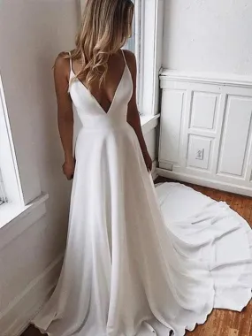 A-line Spaghetti Straps V-neck Lace Back Long Simple Wedding Dresses, WD0472