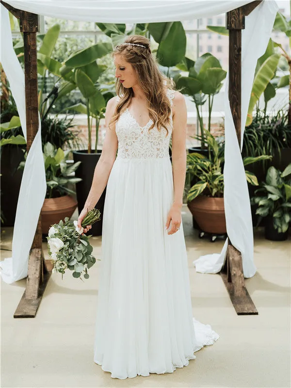 A-line V-neck Appliques Beading Backless Long Chiffon Wedding Dresses, WD0491