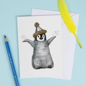 Birds In Hats Greeting Card - Penguin Chick in a Party Hat*