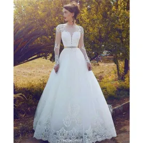 Elegant A-line Floor-length Long Sleeves Lace Appliques Wedding Dresses, WD0398