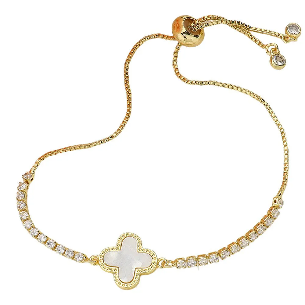 Mother Of Pearl Quatrefoil Pointed Brass Tie Bracelet