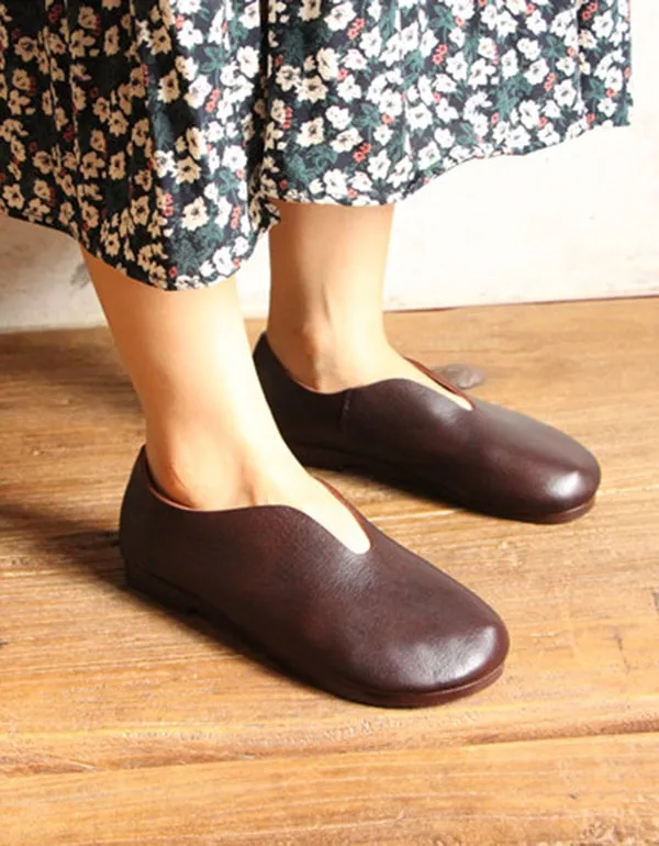 Round Head Soft Leather Retro Flat Shoes